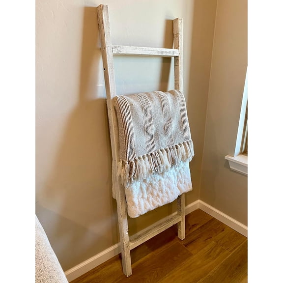 JIXINTECH 6ft Rustic Farmhouse Decorative Ladder, Upcycled Wood, Wall Mountable (Horizontal/Vertical), No Assembly, White Wash