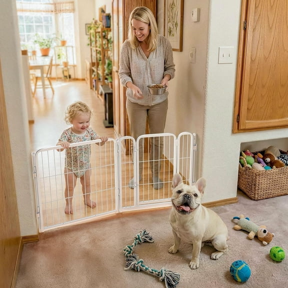 JIXINTECH Extra Wide Dog Gate for Indoor, Adjustable 24" H 2-Panel Metal Pet Barrier, White, Up to 46" Wide for Puppies & Small Dogs