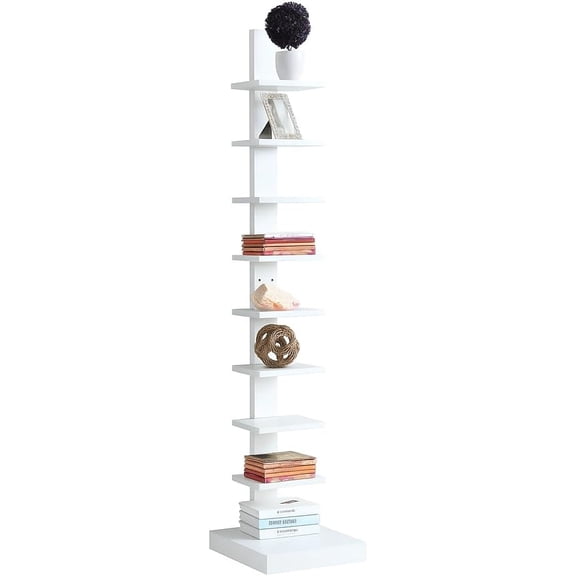 JIXINTECH Modern Standing Spine Bookshelf for Small Spaces, 8-Tier Wood Storage Shelves, White, 67" Tall