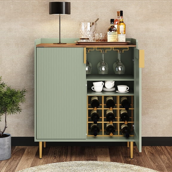 JIXINTECH Sage Green Coffee Bar Cabinet with Wine Rack, Fluted Liquor Buffet Sideboard for Kitchen, Dining, Living Room