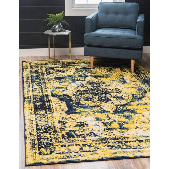 JIXINTECH Sofia Collection 3'3"x5'3" Navy/Yellow Rectangle Area Rug, Polypropylene, Jute Backing