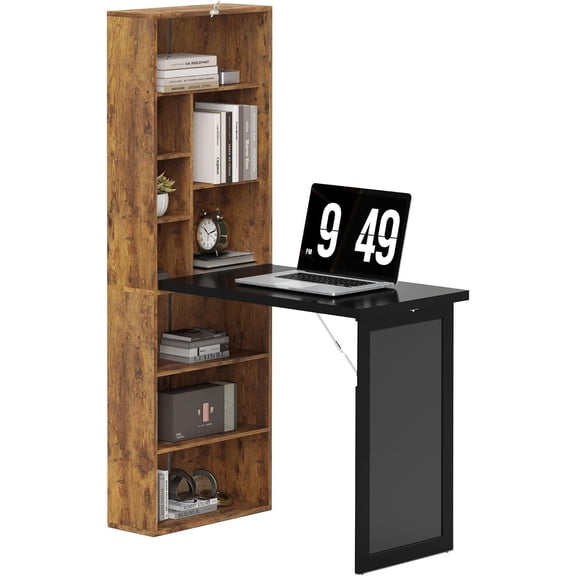 JIXINTECH Wall Mounted Foldable Desk with Chalkboard, Space-Saving Computer Table for Small Spaces, Home Office, Rustic Brown