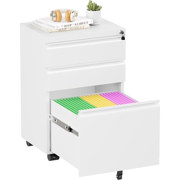 JIXINTECH White 3-Drawer Mobile Locking File Cabinet, Metal Rolling Vertical Filing Cabinet for Office & Home, Fully Assembled, Under Desk Storage