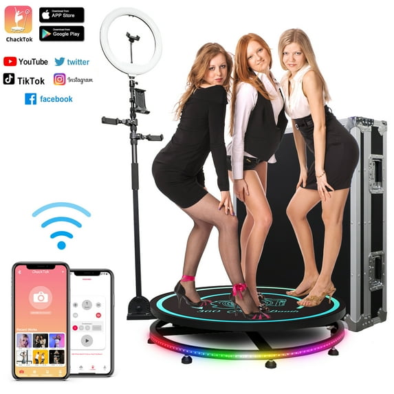 JIYANG 360 Photo Booth Machine 100cm with Software for Parties with Flight Case,Free Logo Customization,5 People Stand on Remote Control Auto Slow Motion 360 Spin Camera Booth (39.4"+Flight Case)