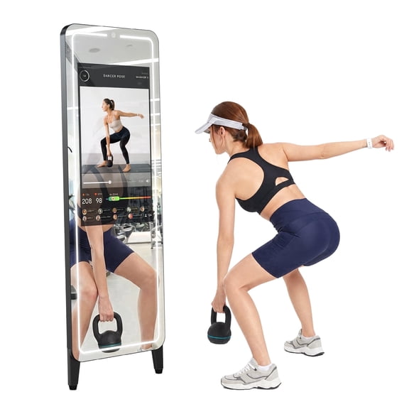 JIYANG Smart Gym Mirror for Home Workout | 32" HD Touch-Screen Andriod OS | 63" Reflective Surface | No VIP Fees Support Various APPs, Music Sync LED Light Strip, for Home Gym/Yoga/Dance