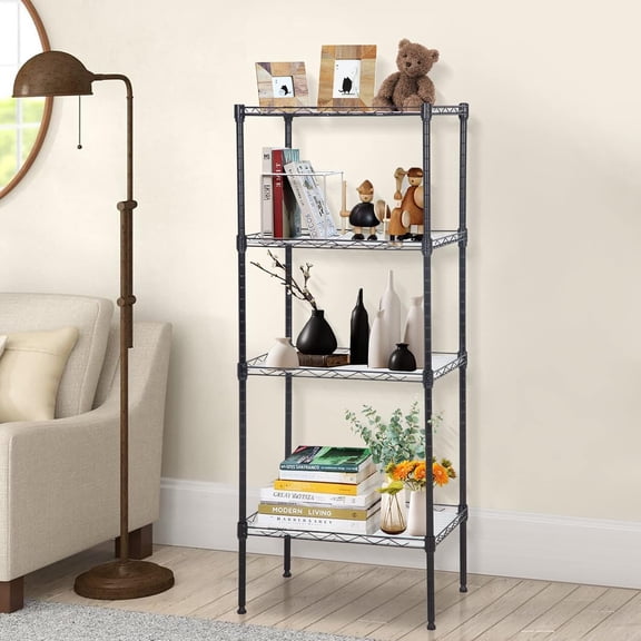 JIZANLJ 4-Tier Wire Shelf, 18"x12"x44" Adjustable Storage Shelves, 600LBS Capacity Wire Shelving Unit, Rust-Resistant Metal Shelf, No-Tool Assembly for Home, Garage, Kitchen, Black
