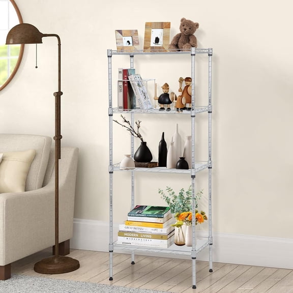 JIZANLJ 4-Tier Wire Shelf, 18"x12"x44" Adjustable Storage Shelves, 600LBS Capacity Wire Shelving Unit, Rust-Resistant Metal Shelf, No-Tool Assembly for Home, Garage, Kitchen, Chrome