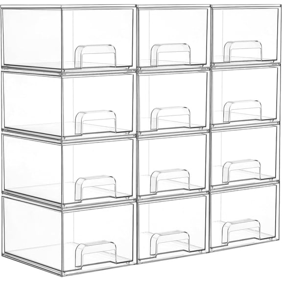 JIZHI 12-Pack Clear Stackable Storage Drawers for Makeup, Bathroom & Pantry Organization - Acrylic Bins with Handles