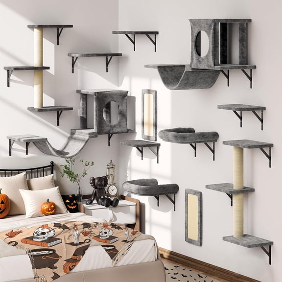 JIZHI 12-in-1 Luxury Cat Wall Shelves Set: Condos, Scratching Post, Bridge & Ladder. Space-Saving Furniture for Kittens, Dark Gray