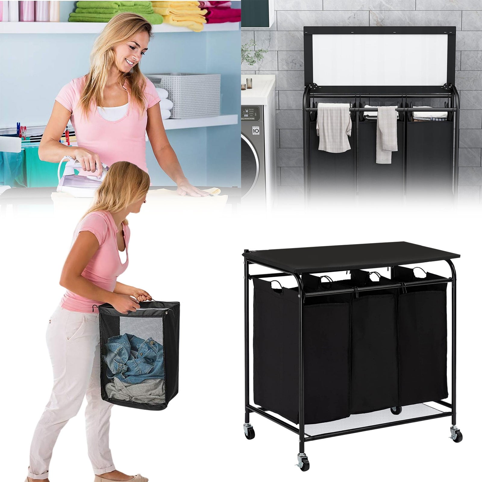 JIaleilei Versatile Wheeled Three Compartment Laundry Sorting Cart With