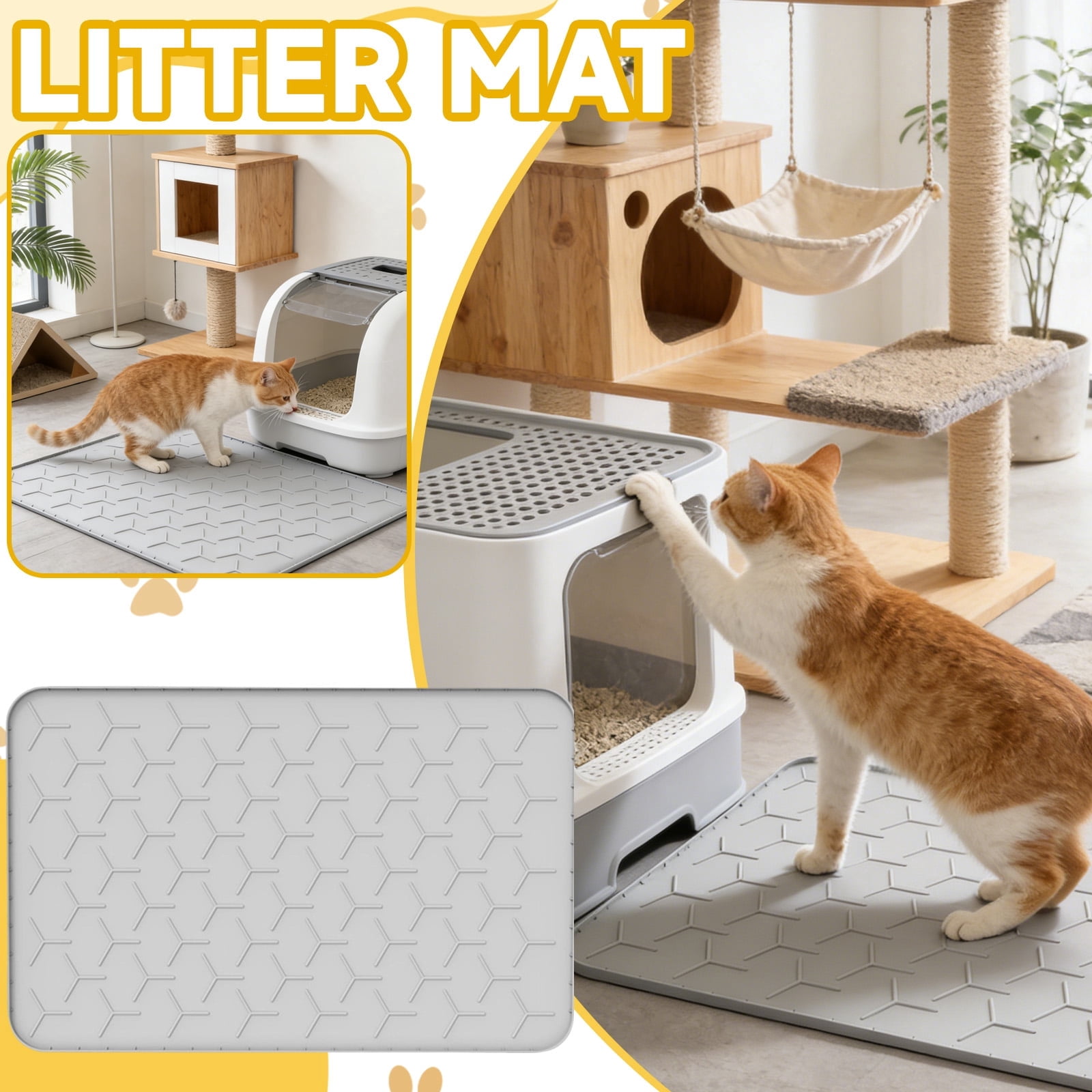 JIhuahe 1PC Cat Litter Box Mat, Large 34" X 22" Litter Trapping Mat for Cats, Waterproof Silicone Pad for Floor, Gray