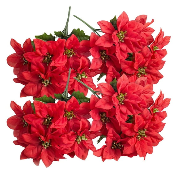 JIhuahe Artificial 4-Pack of 7-Heads Silk Fabric Christmas Red Poinsettia Bushes, 13.8-Inch Height for Indoor and Outdoor Holiday Decor, Tabletop and Garland Use,Red