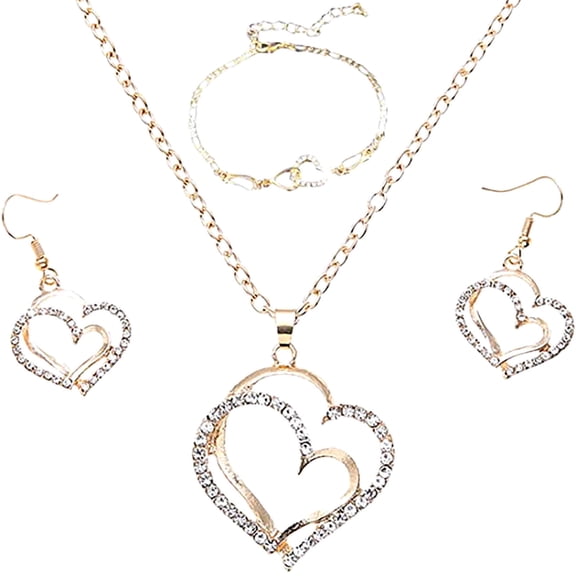 JIhuahe Double Love Bracelet Necklace Earring Set for Women, Gold Yellow Two-Tone Exquisite Jewelry Gift Set, Luxury Fashion 3-Piece Accessory Collection for Her,Gold