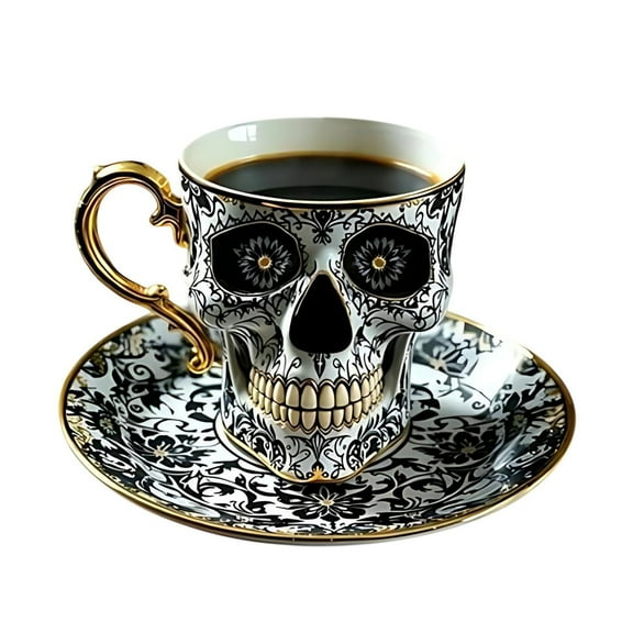 JIhuahe Gothic Resin Tea Cup with Gold-Plated Skull Design, Halloween Themed Coffee Mug, Dark Academia Gothic Gift, Unique Goth Home Decor Ceramic Cup