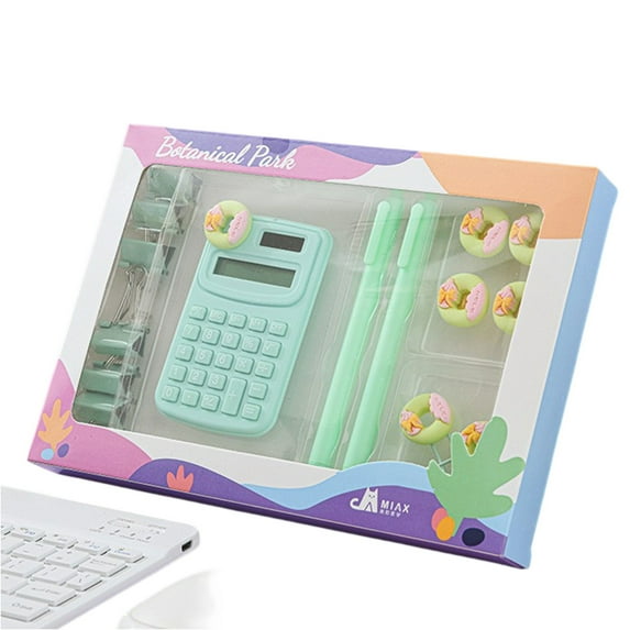 JIhuahe Office Desk Supplies Set: 1 Calculator, 2 Pens, 4 Pushpins, 2 Bookmarks, 7 Long Tail Clips, Multifunctional Accessories Kit for Work, Study or Home Organization,Green