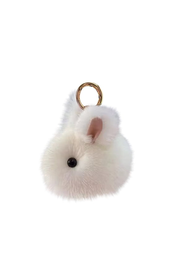 Pink Faux Rabbit Fur Ball Keychain, Sweet Cute Key Ring with Soft Pendant, Girls Car Keys Bag Charm Accessory,White