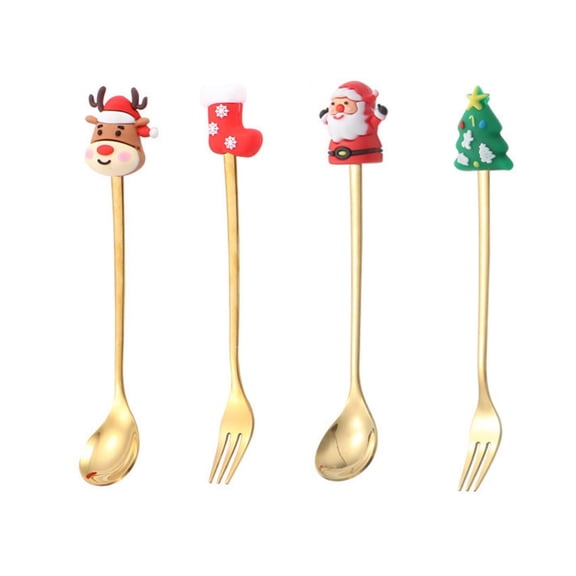 JIhuahe Spoon Tree Coffee Spoon and Dessert Fruit Fork Set, Figurine Spoon Fork Tableware Gift Collection, Christmas Themed Utensils for Holiday Dining,Gold