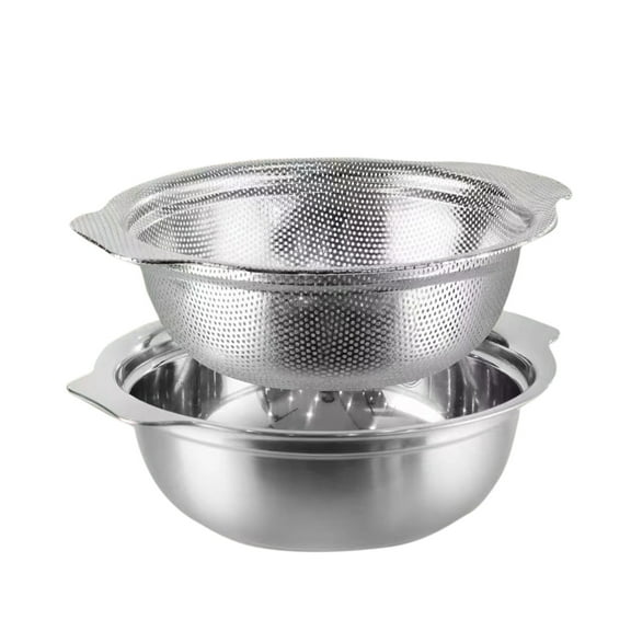 JIhuahe Stainless Steel Microporous Colander with Handle, 3-Piece Mixing Bowl & Strainer Set for Washing Vegetables Rice Pasta, 10 Inch Heavy Duty,Silver M