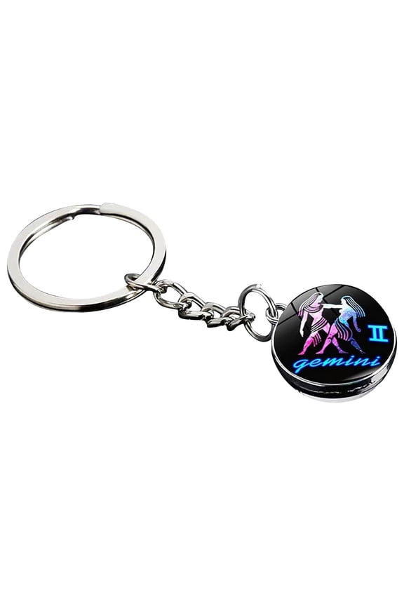 Zodiac Keychain with Time Gemstone Pendant, Glow-in-the-Dark Double Sided Glass Ball Design, Personalized Astrology Gift,Gemini