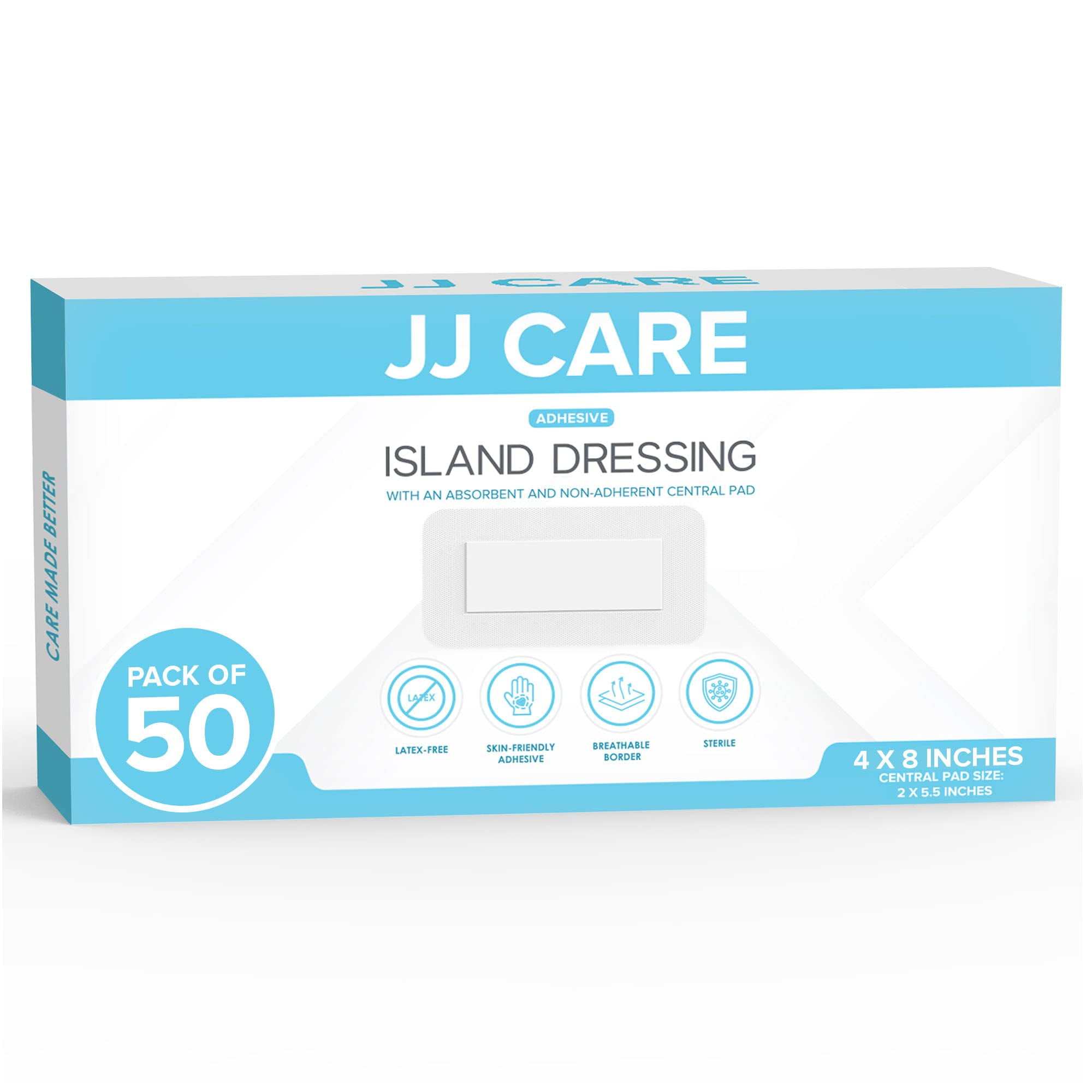 JJ CARE Adhesive Island Dressing [Pack of 50], 4” x 8” Sterile Island