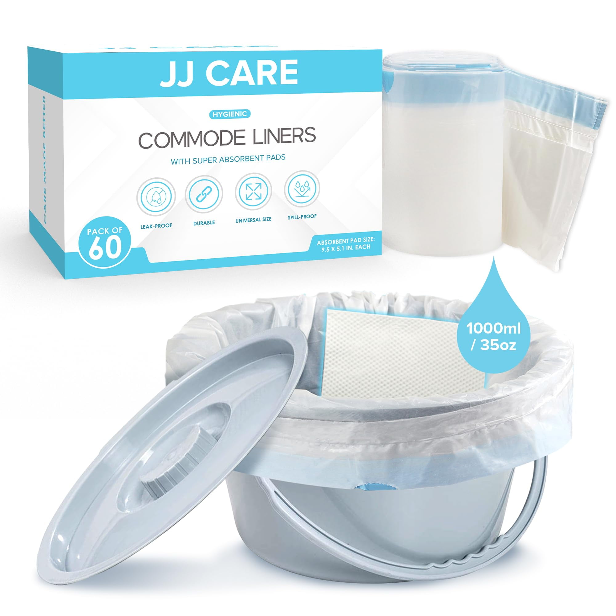 JJ CARE Commode Liners with Absorbent Pads Pack of 60 Commode Liners