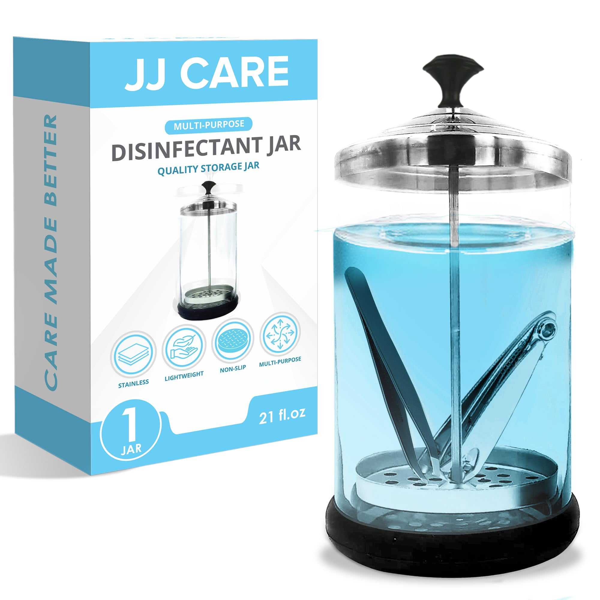 JJ CARE Disinfectant Jar (21 oz) Barber Jar Glass, Sanitizer Disinfectant Glass Jar, Barber