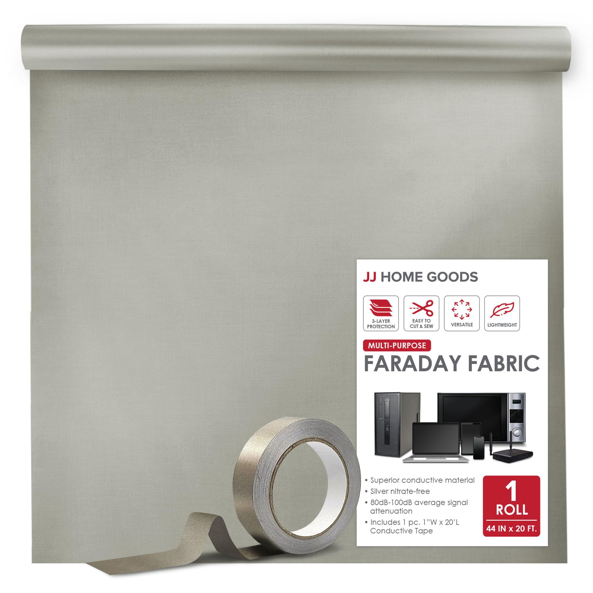 JJ CARE Faraday Fabric [44 x 20 ft. Faraday Cloth + 6.6 Yards Long Faraday  Tape + Instructions] - Military Grade Shielding Fabric from RF Signals,  Bluetooth, GPS, Signal Blocker, WiFi Jammer