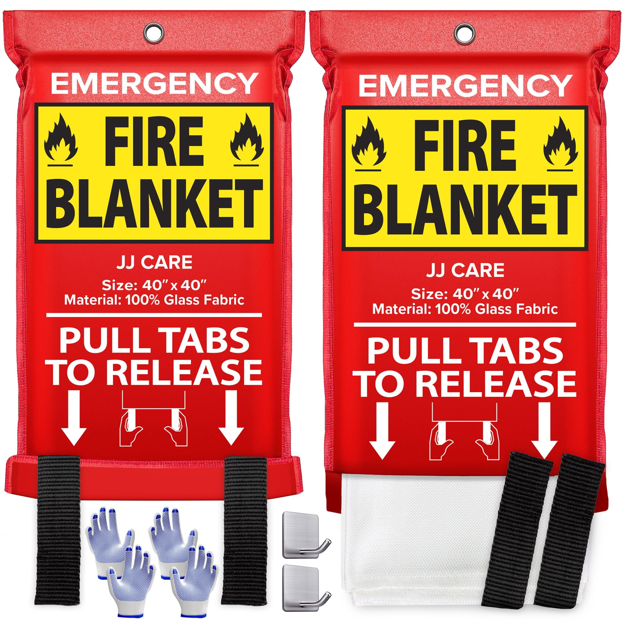 JJ CARE Fire Blanket 2 Packs with Hooks and Gloves Emergency Fire