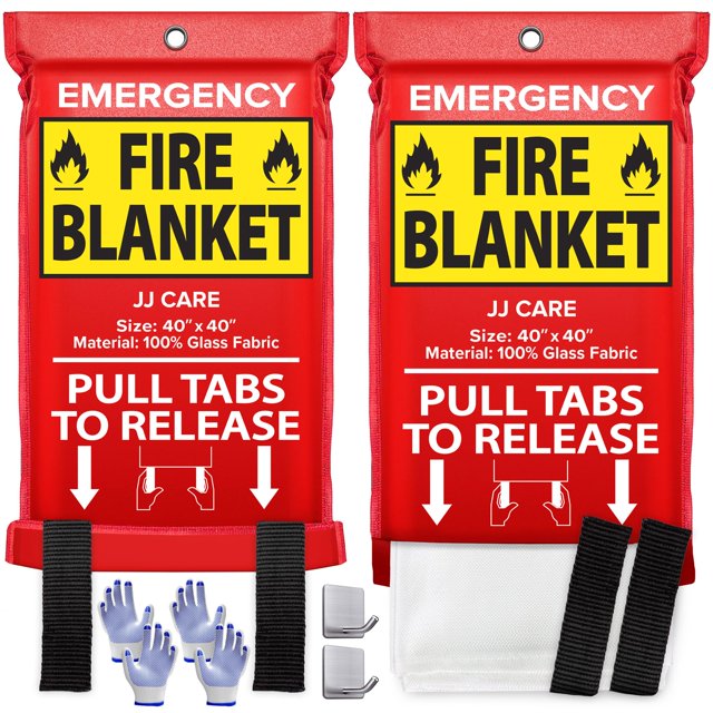 JJ CARE Fire Blanket 2 Packs with Hooks and Gloves Emergency Fire