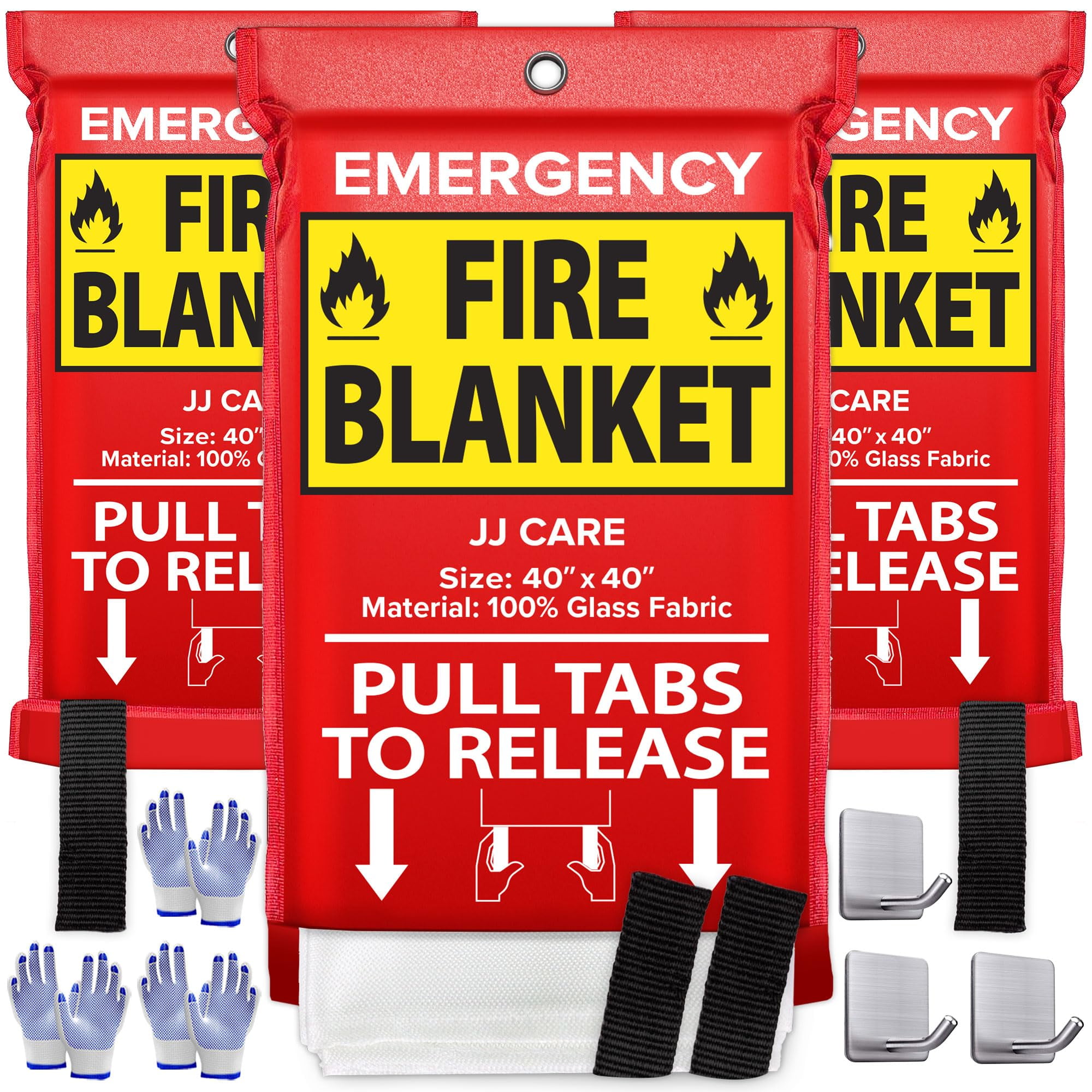 JJ CARE Fire Blanket 3 Packs with Hooks and Gloves Emergency Fire