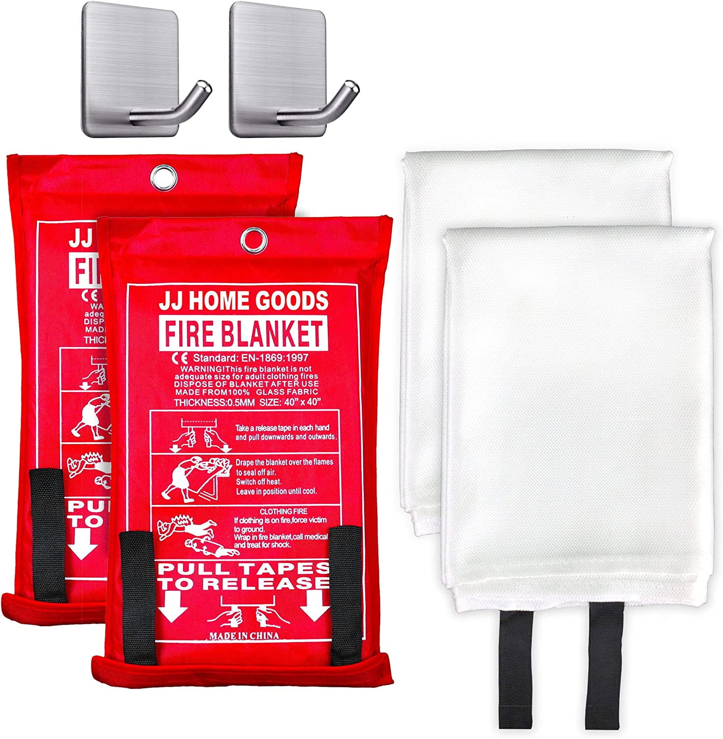 JJ CARE Fire Blanket 40" x 40" [2 Packs with Hooks ] Suppression