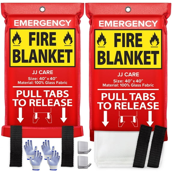 JJ CARE Fire Blanket for Home 40"x40" + 2 Hooks & 2 Gloves, Fire Suppression Blanket, Emergency Fire Blanket for People, Fire Blanket Kitchen, Emergency Use - White