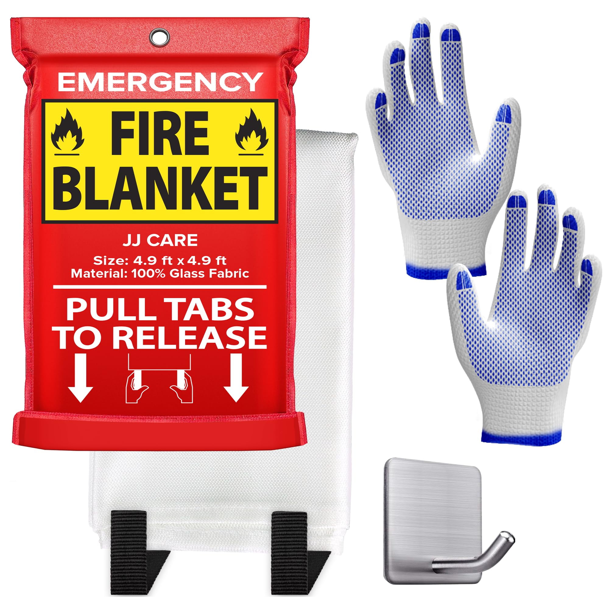 JJ CARE Fire Blanket (Large) 4.9x4.9ft with Hooks & Gloves, Emergency