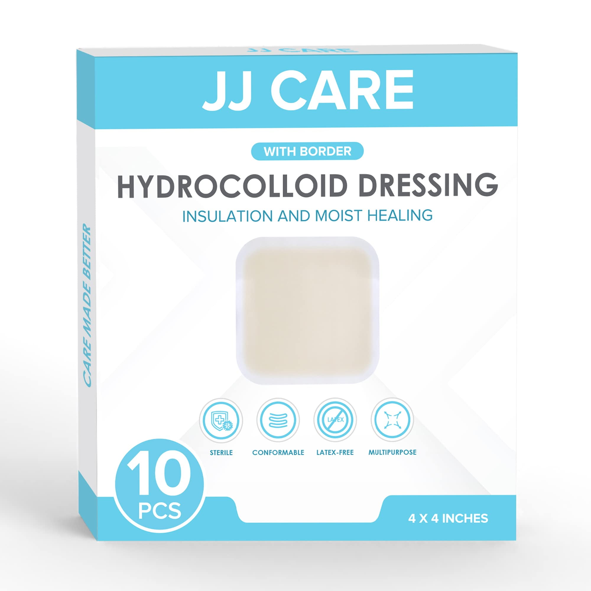 JJ CARE Hydrocolloid Dressing 4x4 [Pack 10], 0.8MM Thick Large Hydrocolloid  Bandages with Border, Self-Adhesive Thin Hydrocolloid Wound Dressing, Wound  Care Bandages for Bedsores and Blisters 