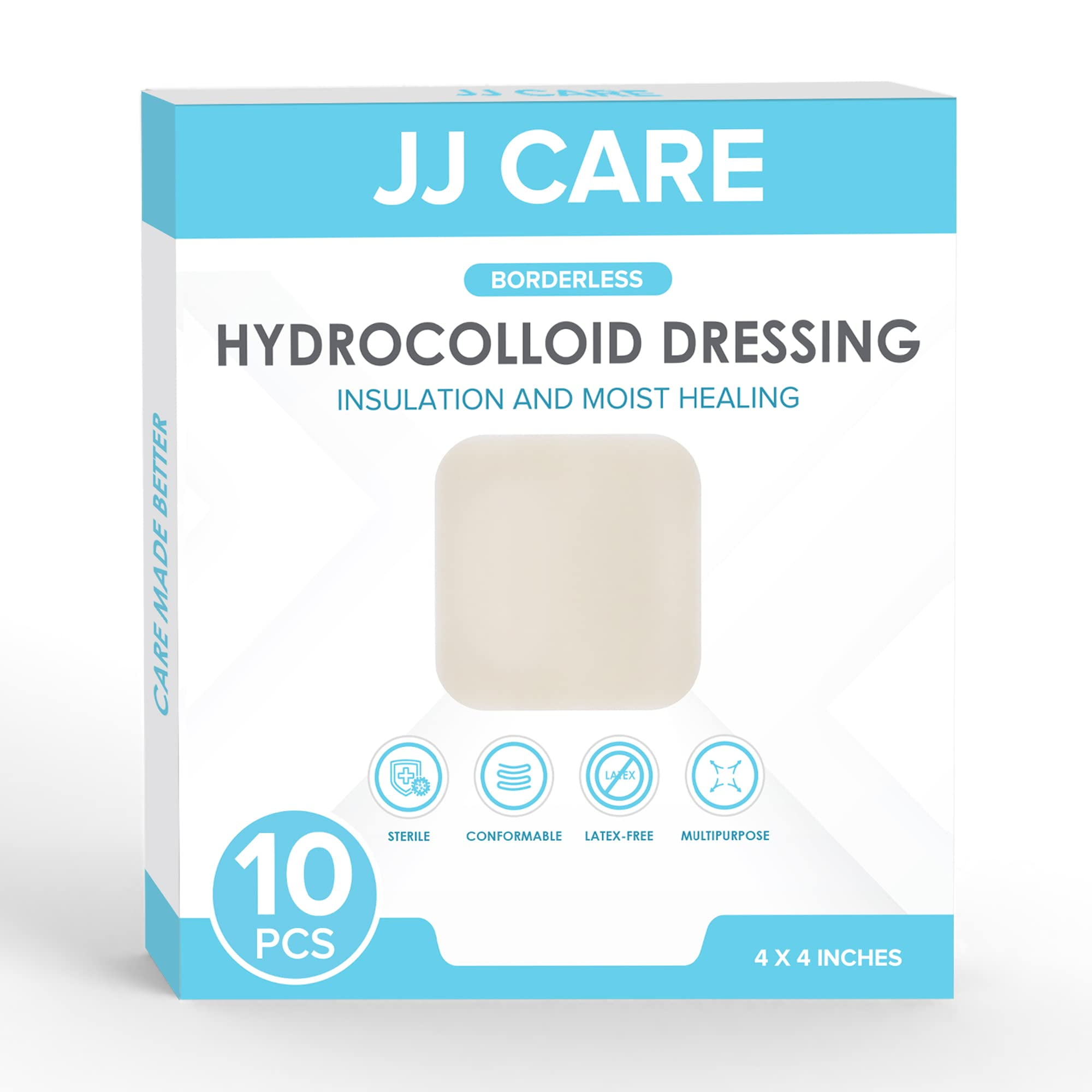 JJ CARE Hydrocolloid Dressing 4x4 [Pack 10], Large Hydrocolloid