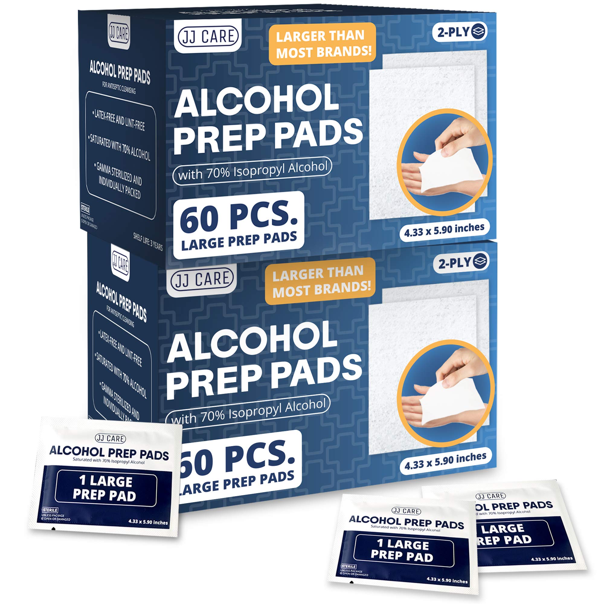JJ CARE Large Alcohol Prep Pads [Pack of 60], 4 x 6" Sterile Alcohol