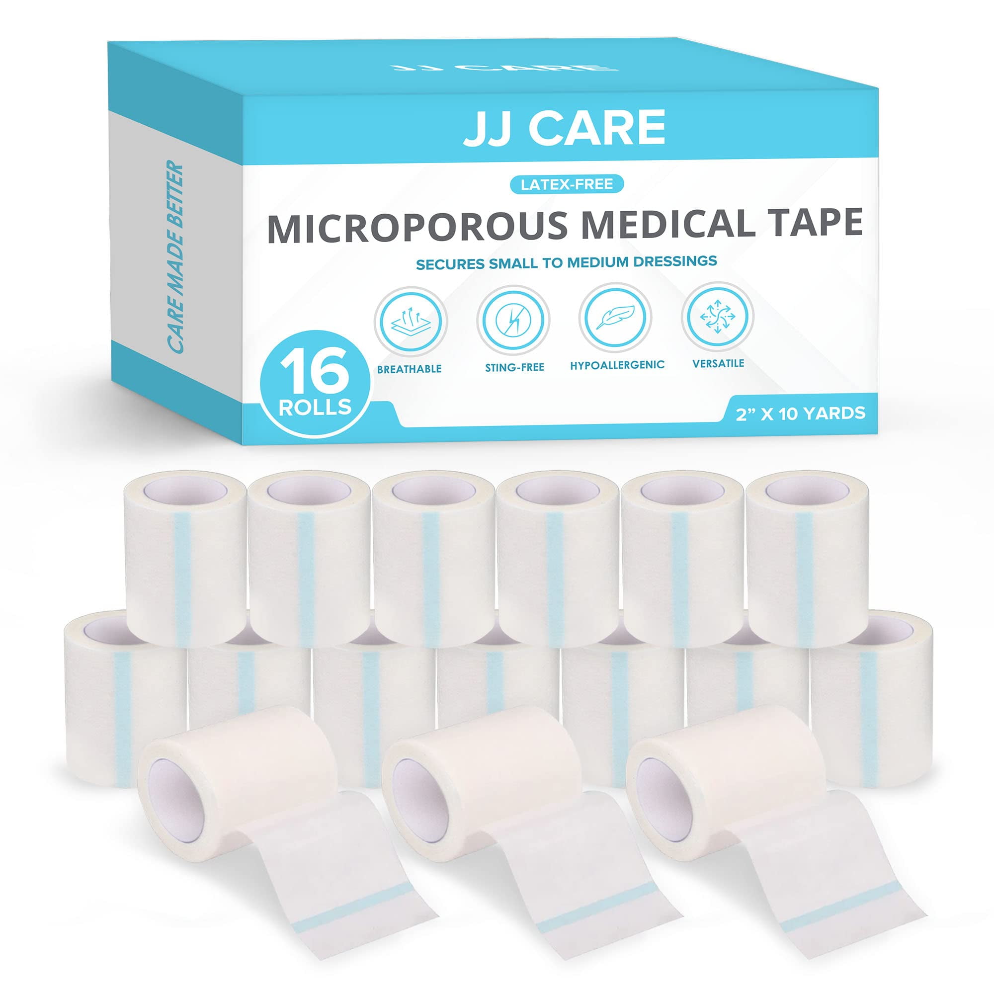 JJ CARE Micropore Tape [Pack of 16], 2” x 10 Yards, Breathable Paper Tape  Medical Use, Latex-Free Paper Surgical Tape, Individually Boxed Paper