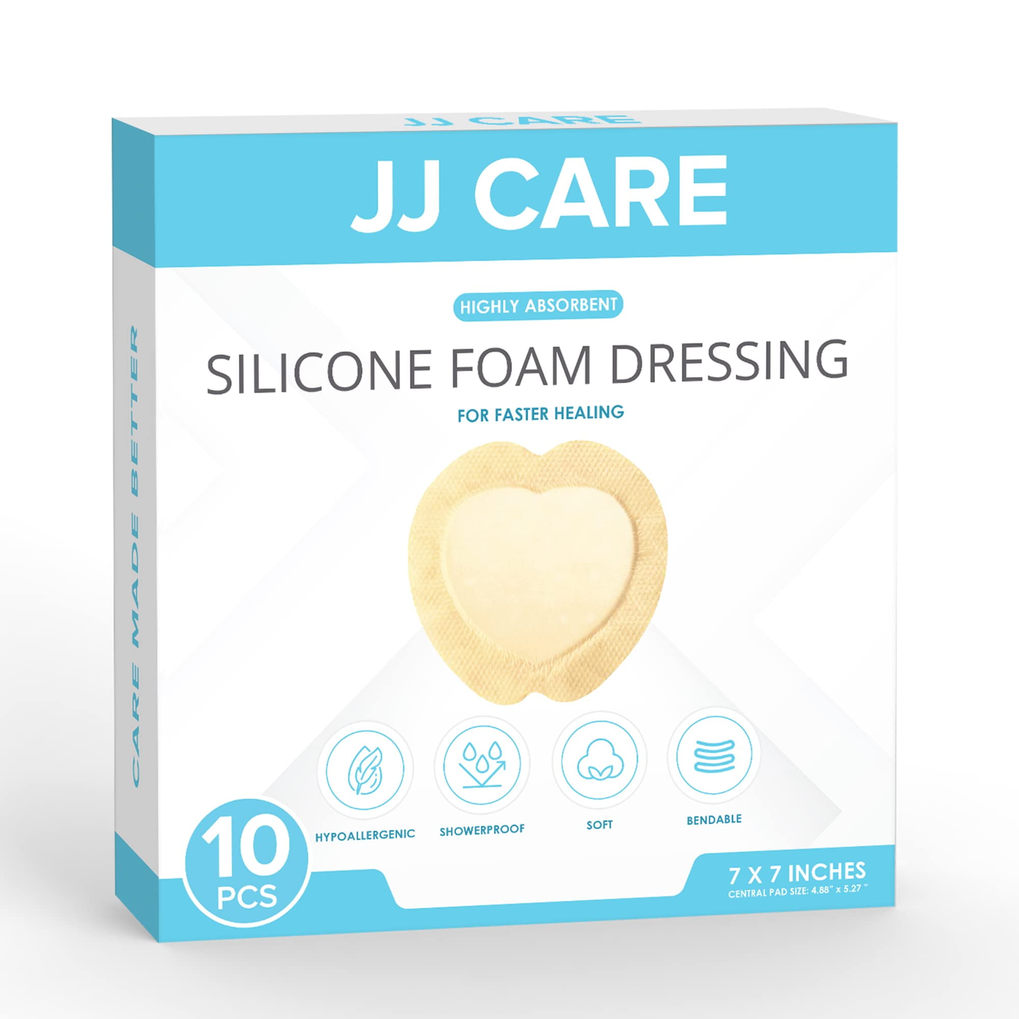 JJ CARE Sacrum Silicone Foam Dressing with Border 7x7 [Pack of 10