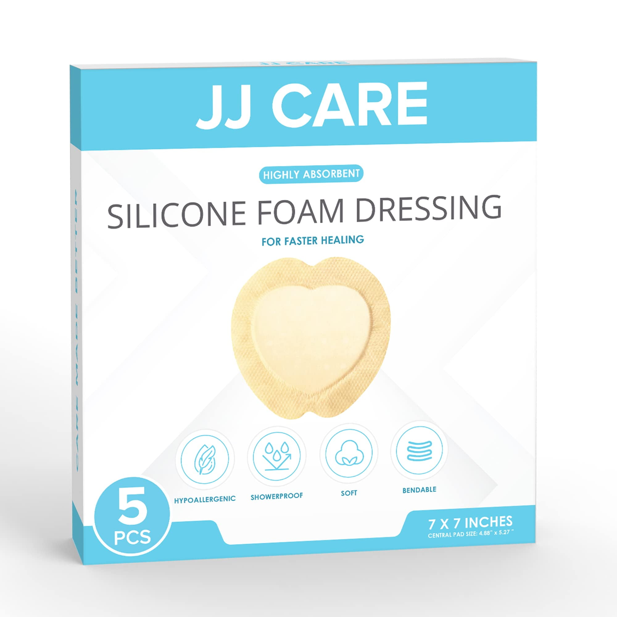 JJ CARE Sacrum Silicone Foam Dressing with Border 7x7 [Pack of 5