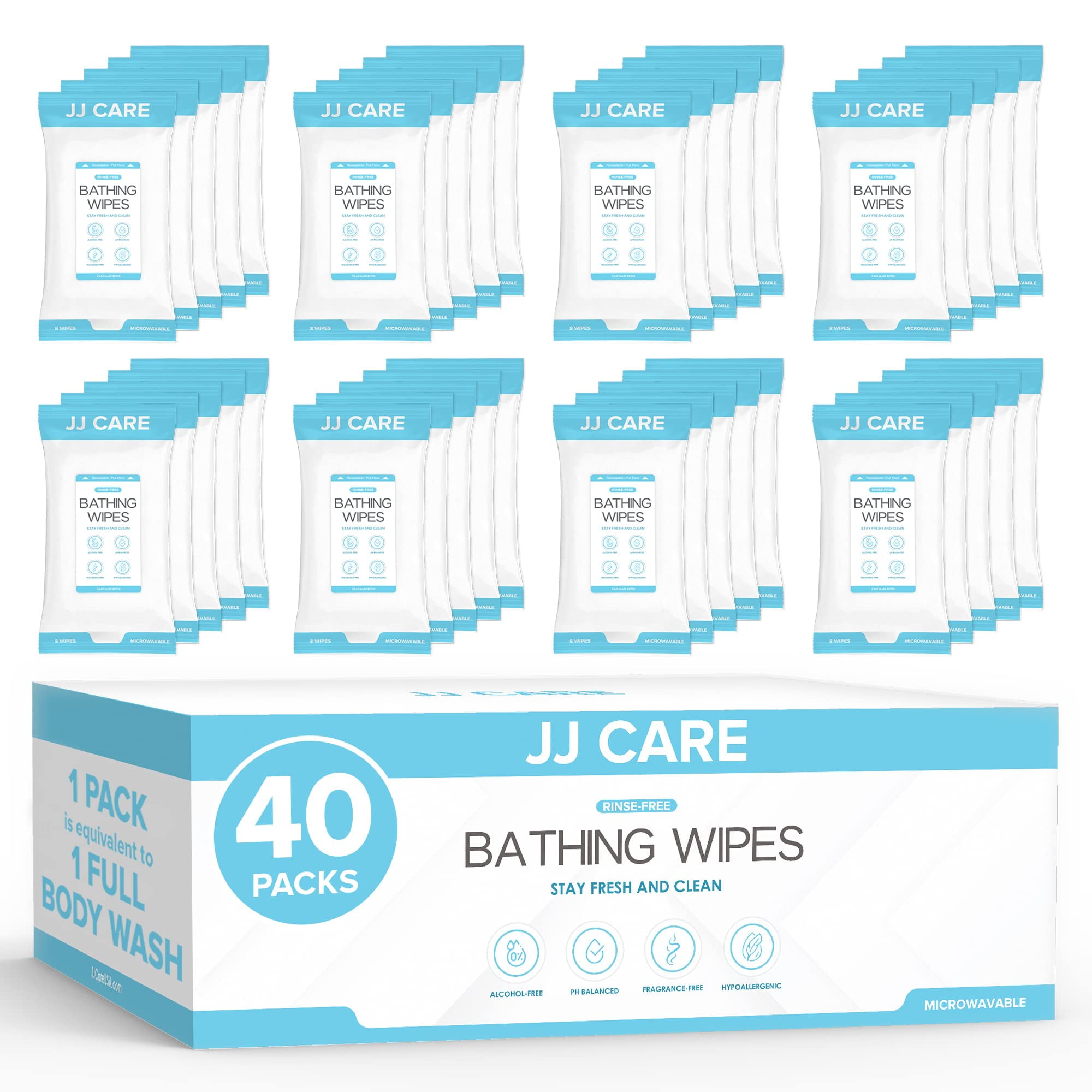 JJ CARE Shower Wipes For Adults No Rinse - Bulk Pack of 40 Body Wipes