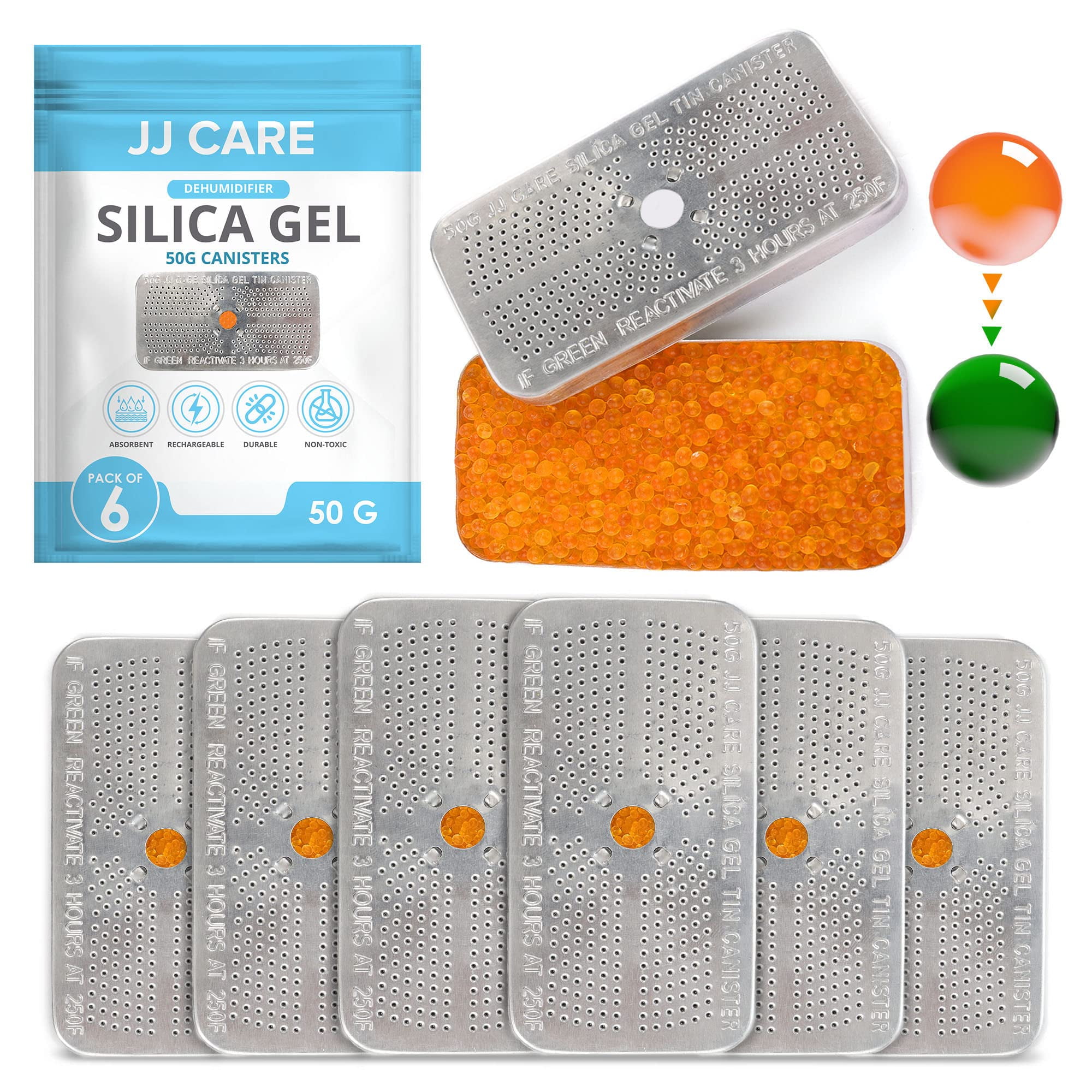 JJ CARE Silica Gel Canister, 50g [Pack of 6] (Orange to Green