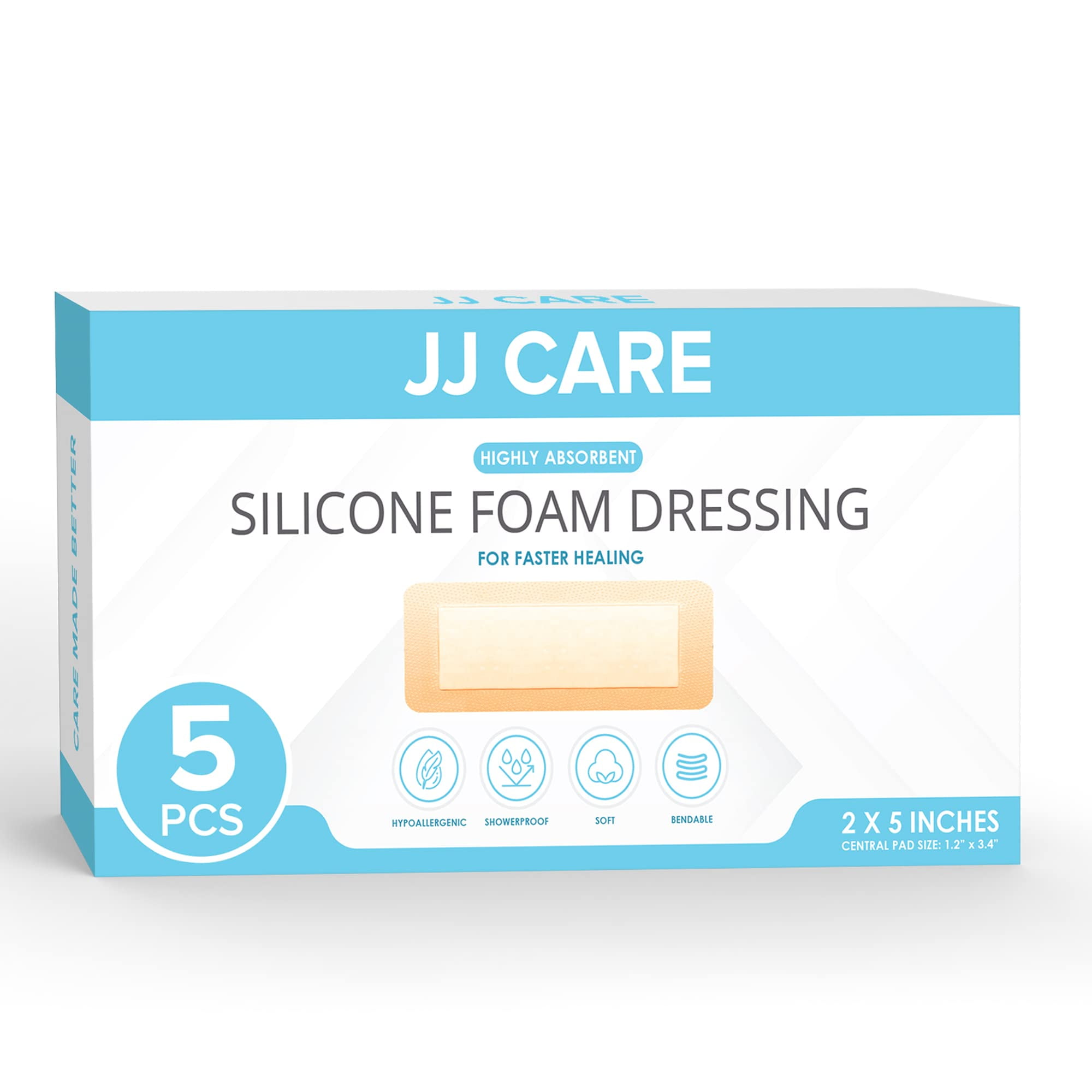 JJ CARE Silicone Foam Dressing 2x5 [Pack of 5, Silicone Bandages for