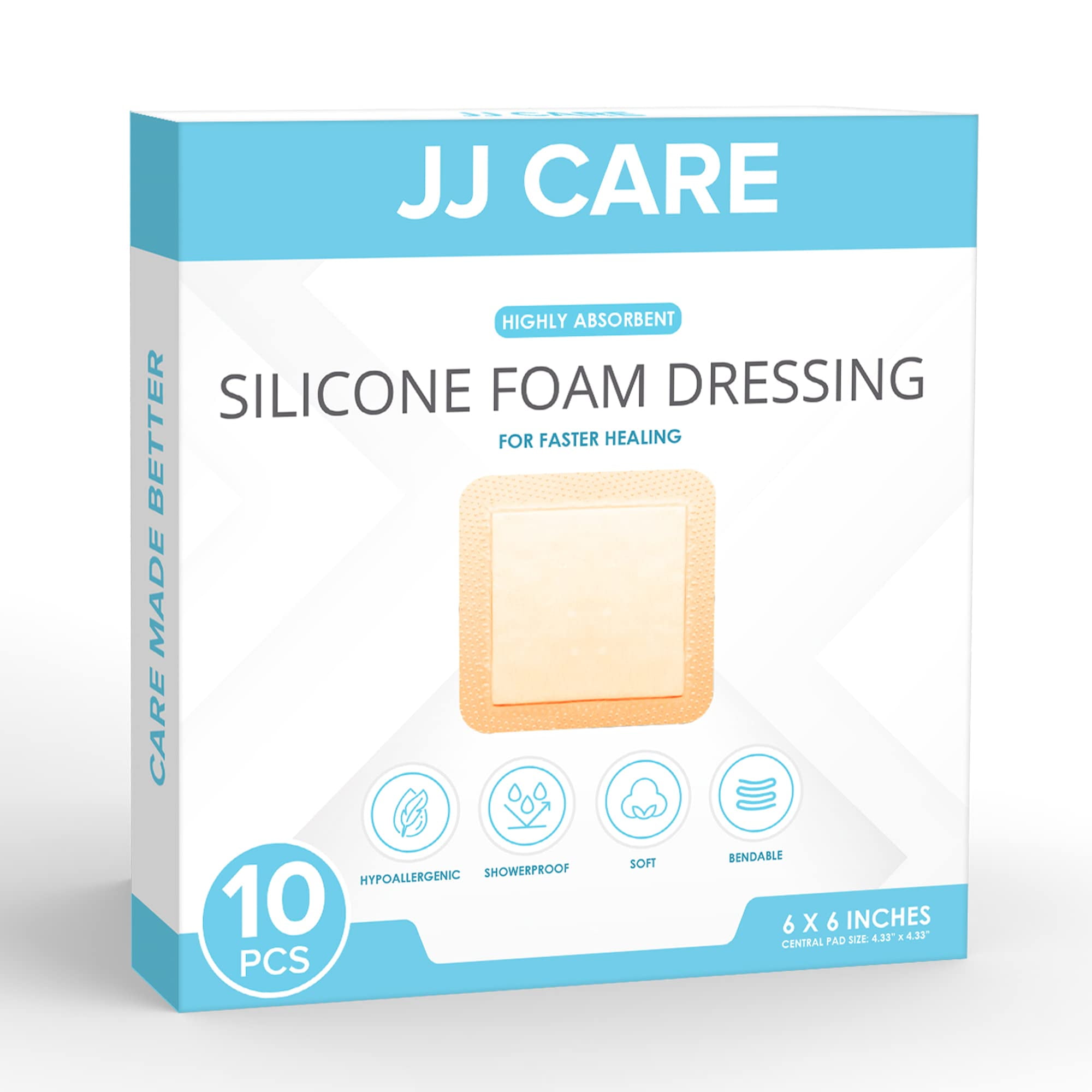 JJ CARE Silicone Foam Dressing 6x6 [Pack of 10], Silicone Bandages for