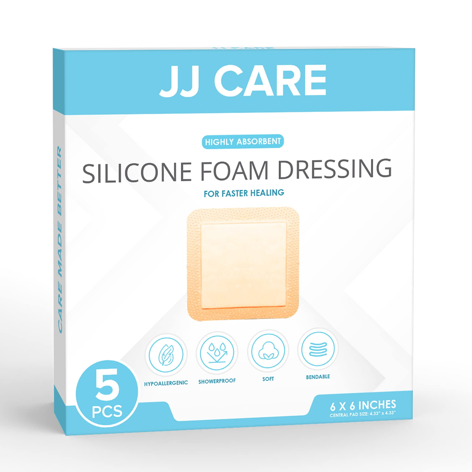 JJ CARE Silicone Foam Dressing 6x6 [Pack of 5], Silicone Bandages for Wounds, Waterproof Wound