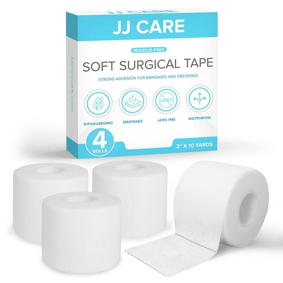 JJ CARE Soft Surgical Tape [Pack of 4], 2” x 10 Yards Soft Cloth Tape, Latex-Free Cloth Medical Tape for First Aid, Breathable Cloth Surgical Tape, Hypoallergenic Adhesive