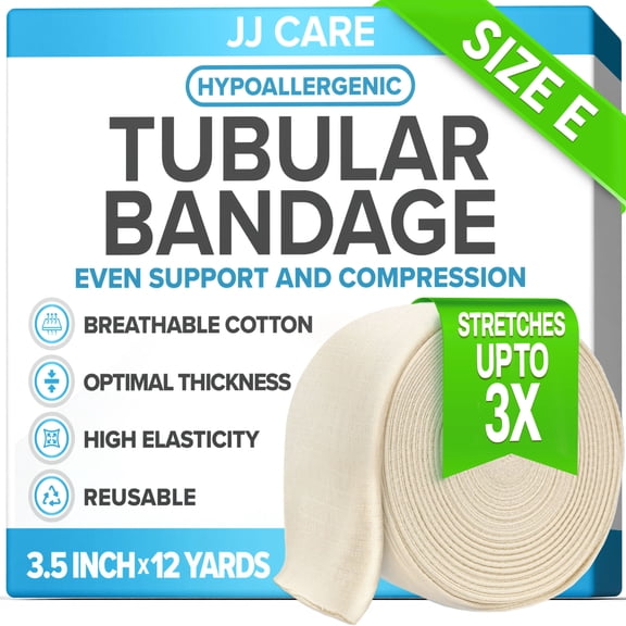 JJ CARE Tubular Bandage, 3.5” x 12 Yards Stockinette Tubing for Ankles, Knees and Calf, Size E Reusable Elastic Bandage Sleeve, Tubular Compression Bandage Roll for Arms, Rubber Latex w/Cotton