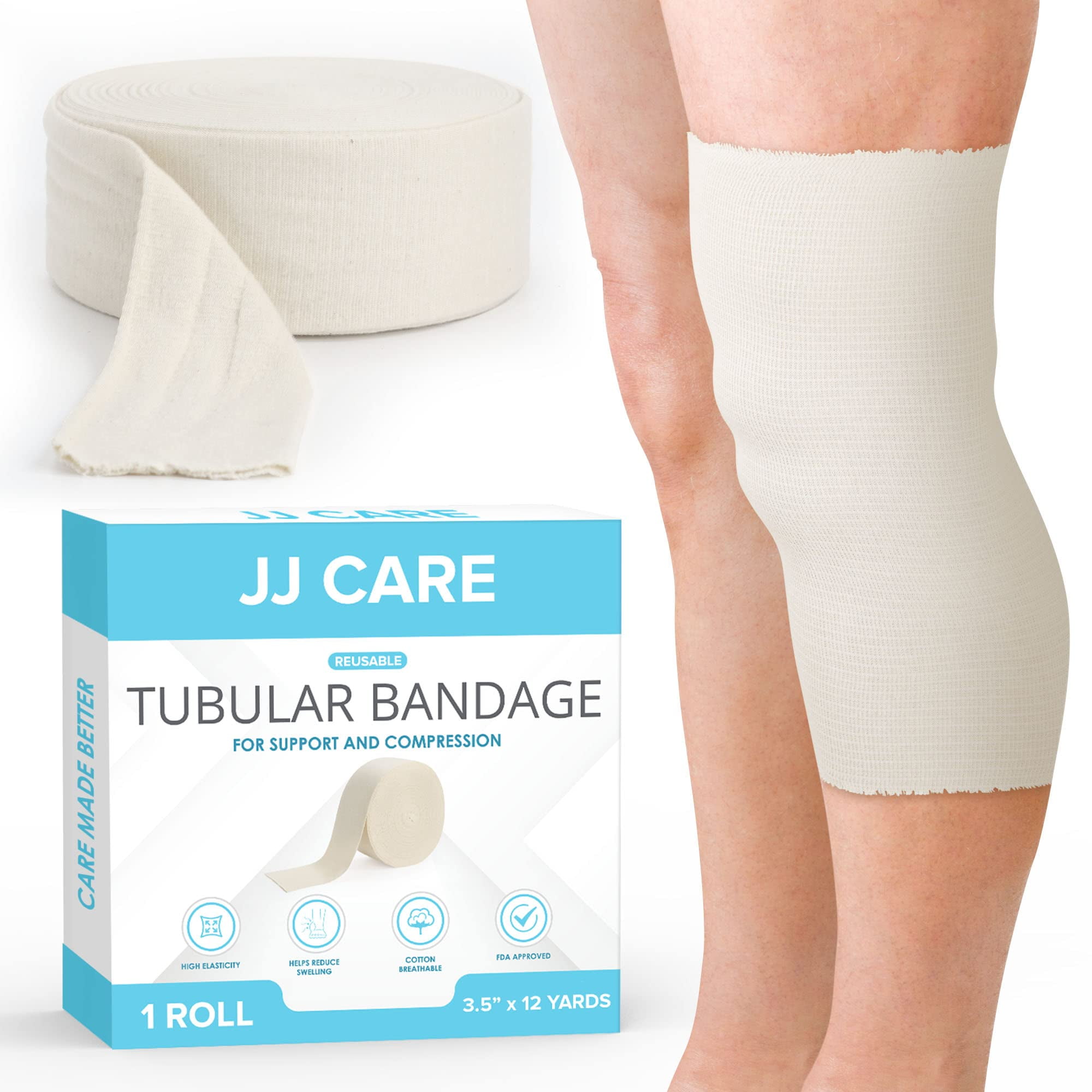 JJ CARE Tubular Bandage, 3.5” x 12 Yards Tubing for Legs and Knees, Size E Reusable