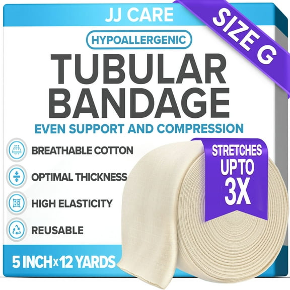 JJ CARE Tubular Bandage, 5” x 12 Yards Stockinette Tubing for Thighs and Waist, Size G Reusable Elastic Bandage Sleeve, Tubular Compression Bandage Roll for Large Thighs, Rubber Latex w/Cotton