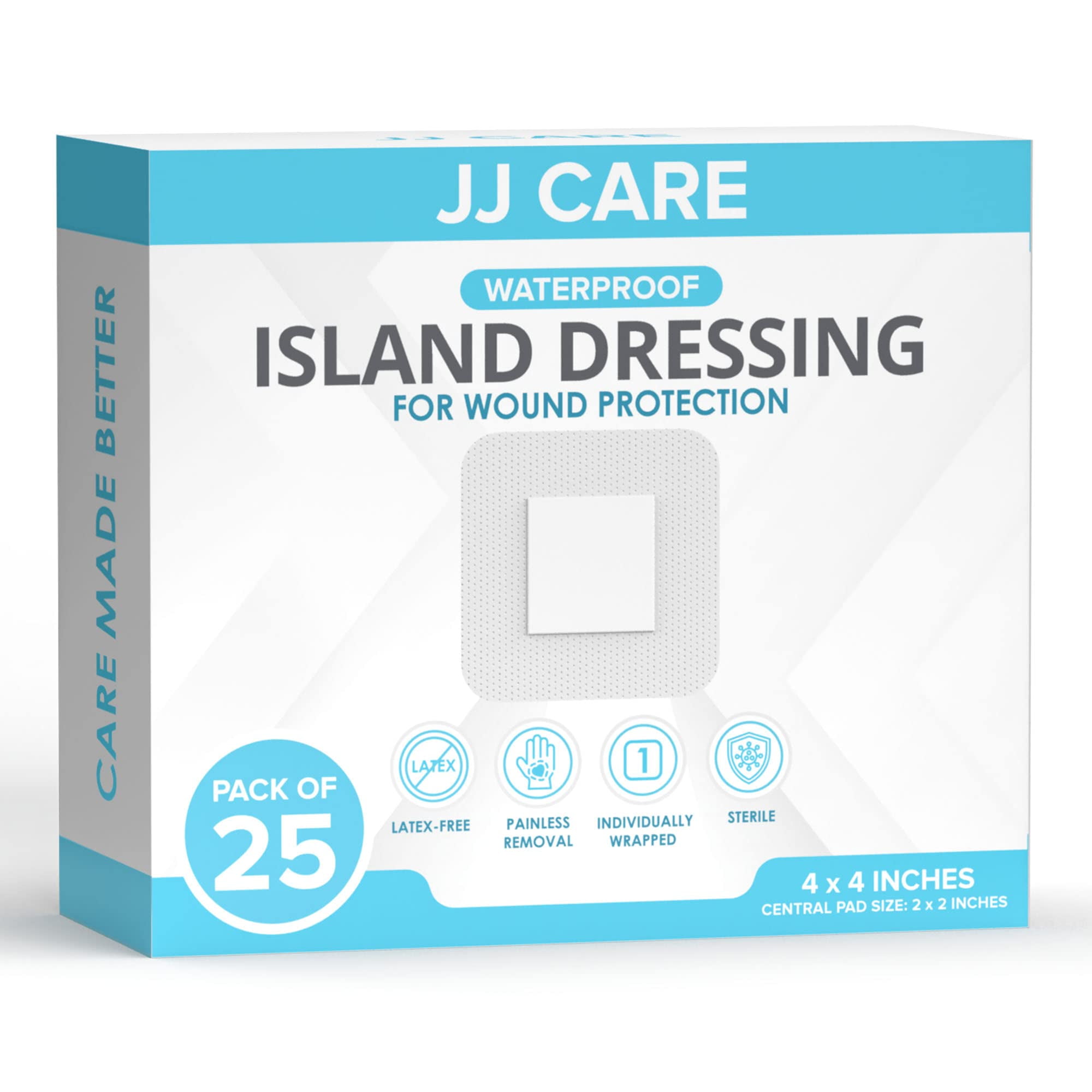 JJ CARE Waterproof Adhesive Island Dressing [Pack of 25], 4 x 4 Sterile  Island Wound Dressing, Breathable Bordered Gauze Dressing, Individually  Wrapped Latex Free Bandages with Non-Stick Central Pad 