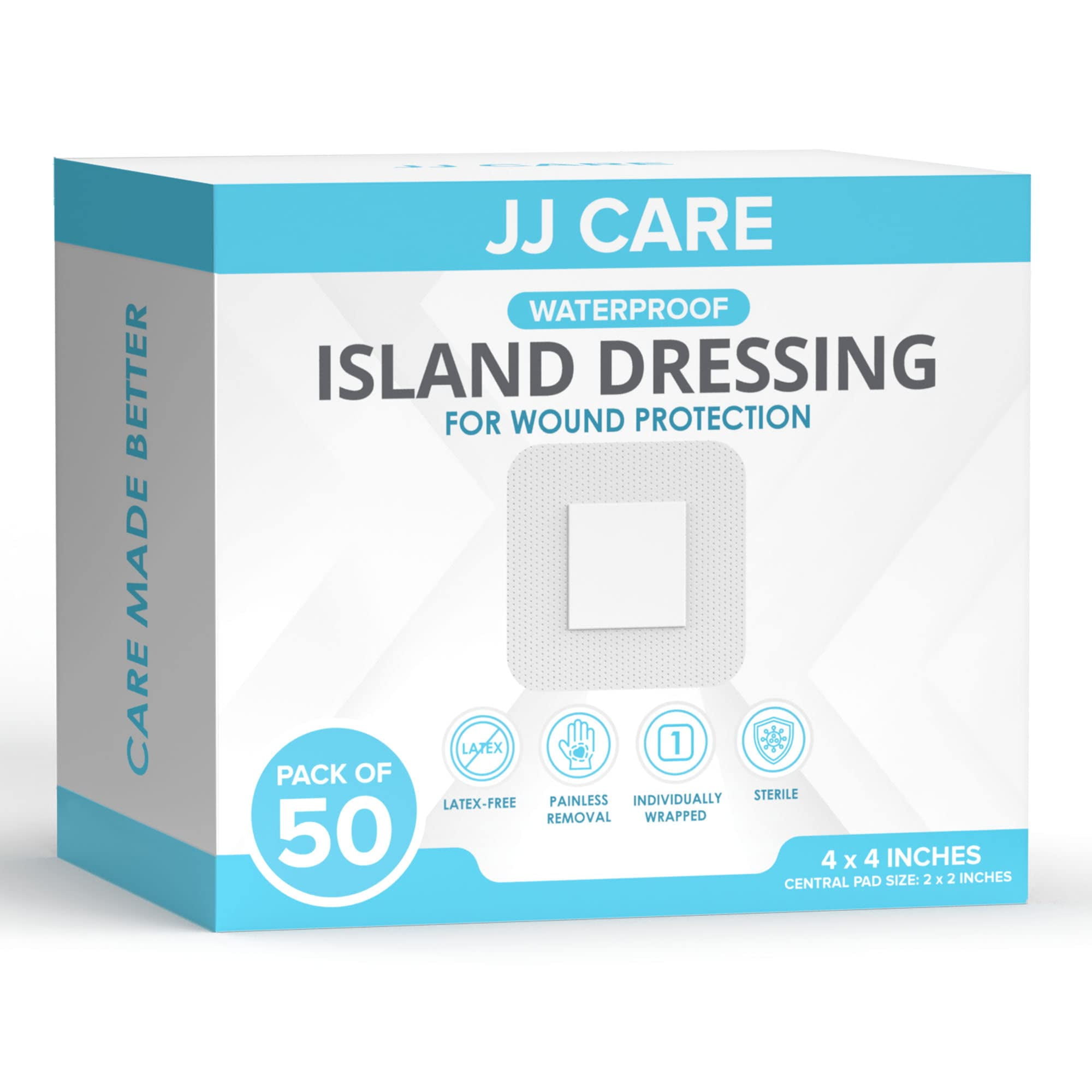 JJ CARE Waterproof Adhesive Island Dressing [Pack of 50], 4" x 4